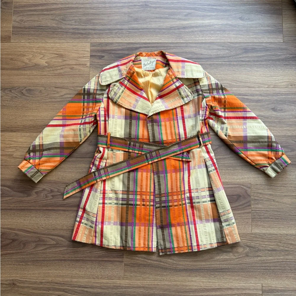 VTG 70s New York Debutogs Rainbow Plaid Spring Belted Maximalist LightJacket S/M - Picture 10 of 16